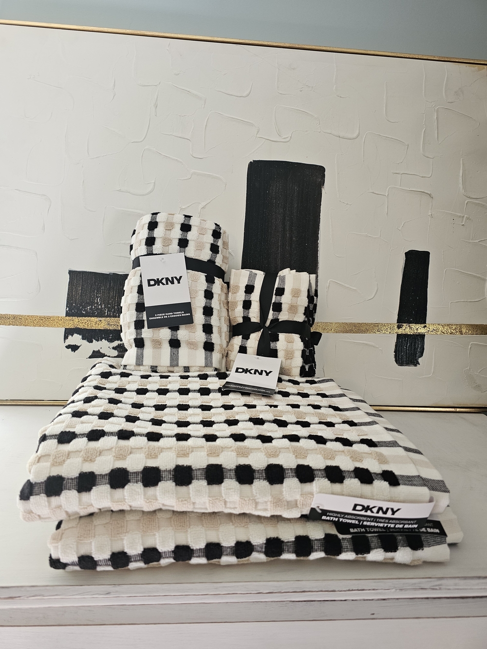 DKNY Black, White & Beige Checked Bath Towel Set Of 8